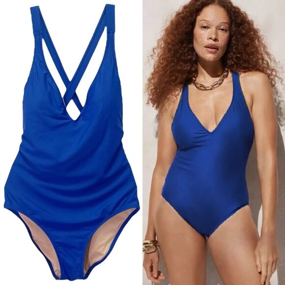 J. Crew Cross Back One Piece Swimsuit Royal Blue Size 8 V-Neck Plunge Low Back - Picture 1 of 13